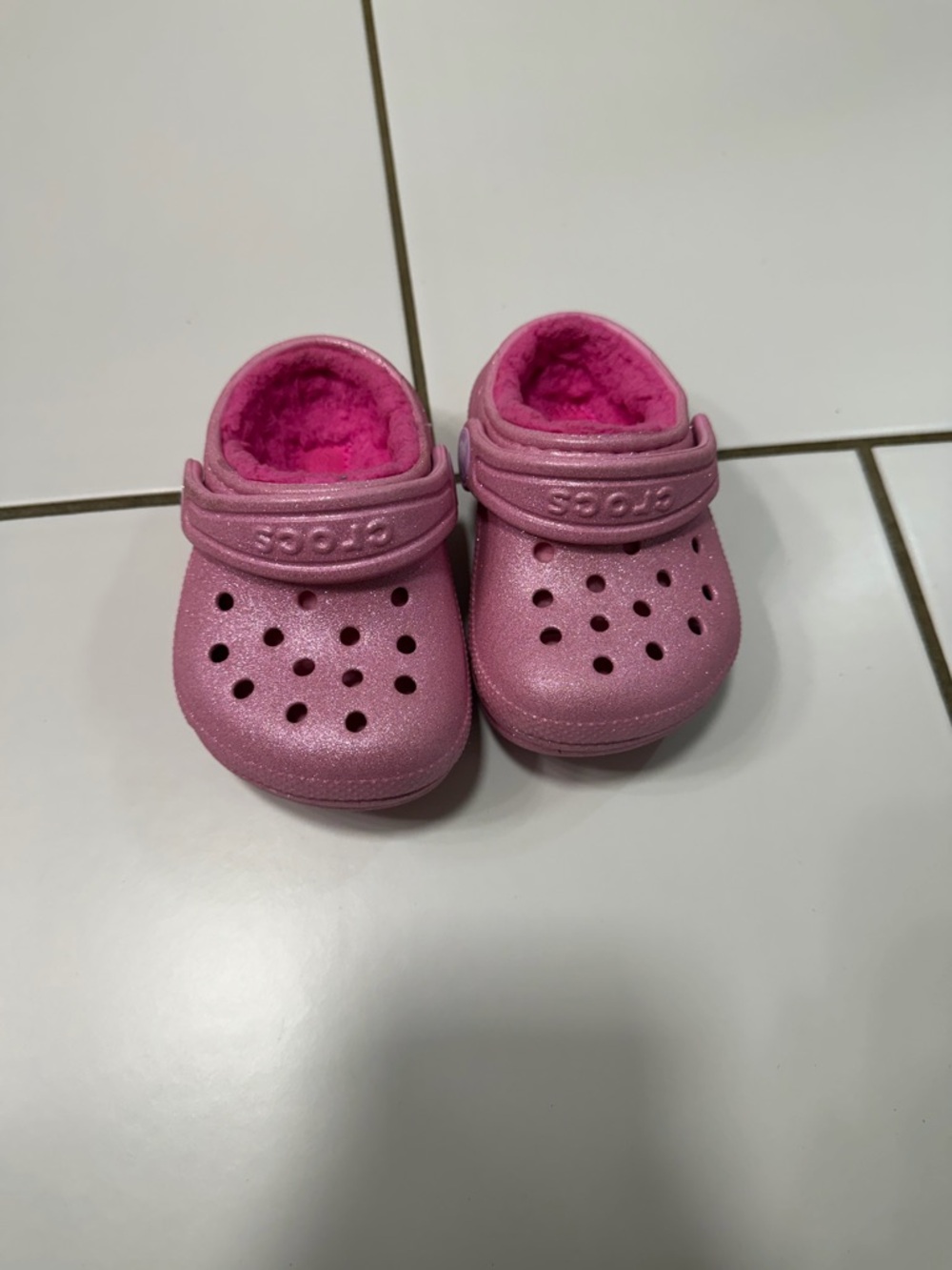 CROCS Baya Fleece Lined Pink Glitter Slip-On Clogs Baby Toddler